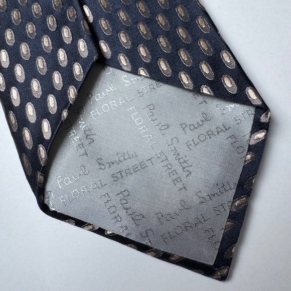 Paul Smith Tie Silk Made in England Navy Blue Metallic Champagne Oval Geometric - Picture 8 of 11
